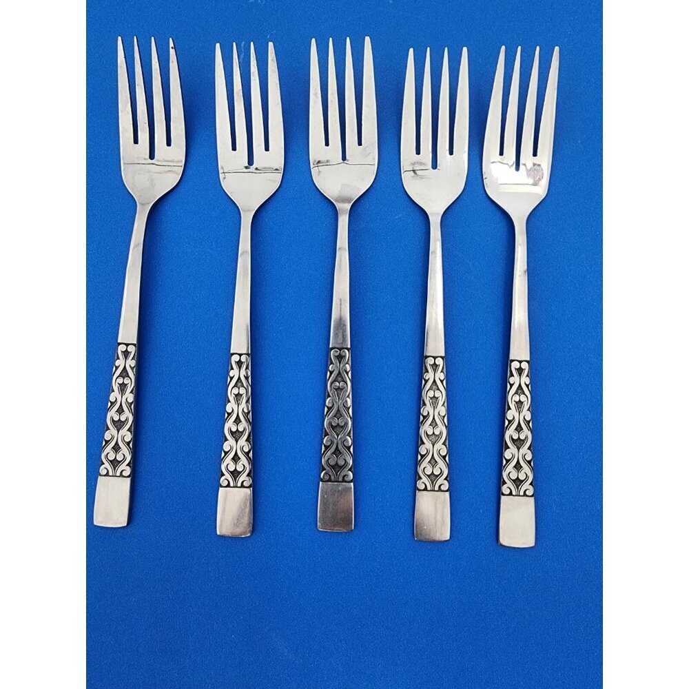 5 Intermezzo National Stainless Dessert/Salad Fork Scroll Flatware Korea VINTAGE